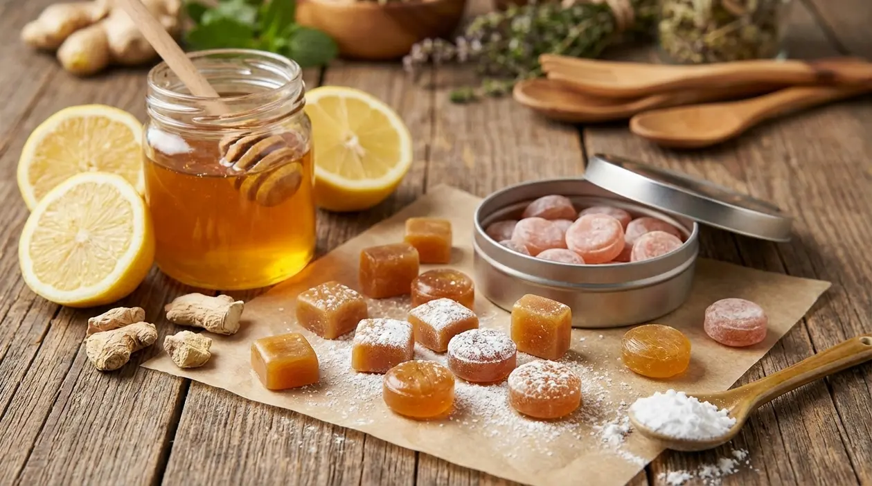 Caramelle fai da te per tosse e mal di gola con miele, limone e zenzero su tavolo di legno