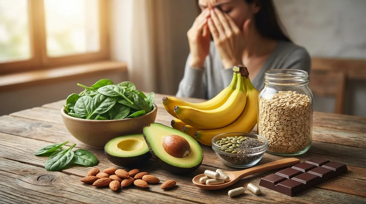 Donna affaticata con alimenti ricchi di magnesio come spinaci, banana, avocado, avena, semi, mandorle e cioccolato