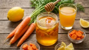 Barattolo con miele, limone e carote su tavolo rustico, con succo al limone e ingredienti freschi