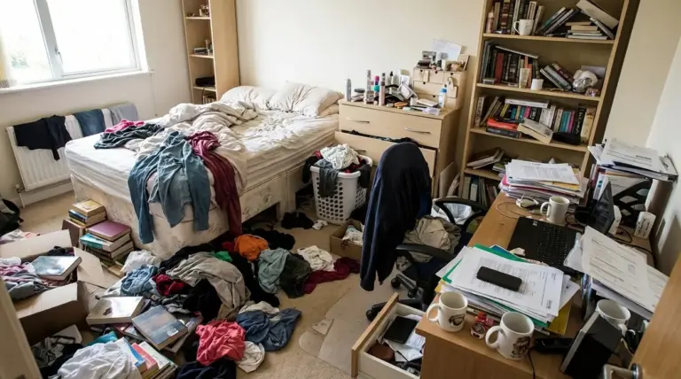 Camera da letto disordinata con vestiti, libri e documenti sparsi su letto e pavimento, scrivania piena di carte