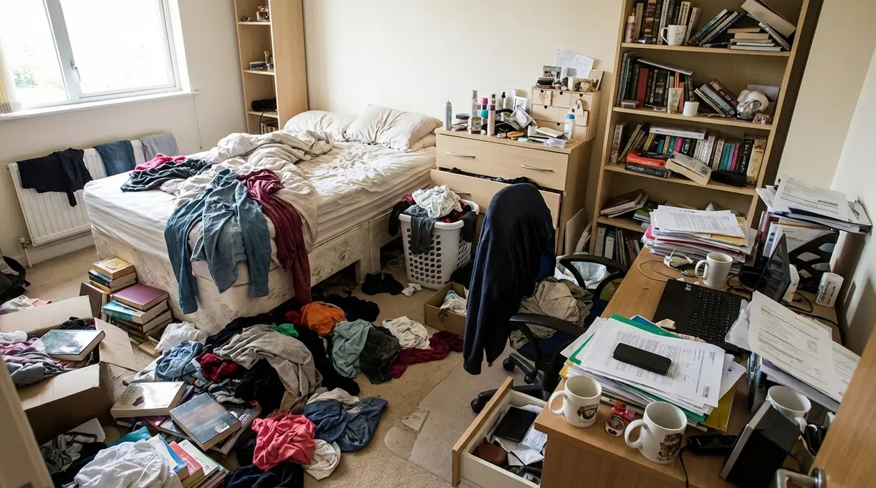 Camera da letto disordinata con vestiti, libri e documenti sparsi su letto e pavimento, scrivania piena di carte