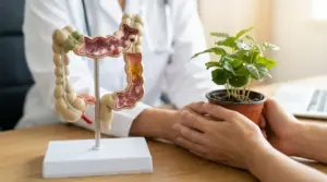 Modello anatomico del colon su scrivania, con medico e persona che tengono una piantina in vaso