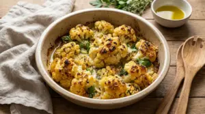 Cavolfiore al forno gratinato con erbe aromatiche e olio extravergine in una pirofila rustica