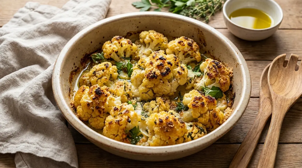Cavolfiore al forno gratinato con erbe aromatiche e olio extravergine in una pirofila rustica