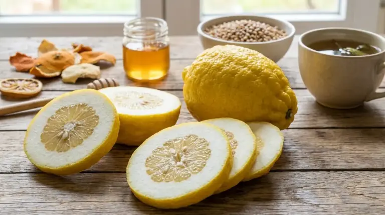 Cedro tagliato a fette su tavolo di legno con miele e tisana, frutto legato a difese immunitarie e dimagrimento