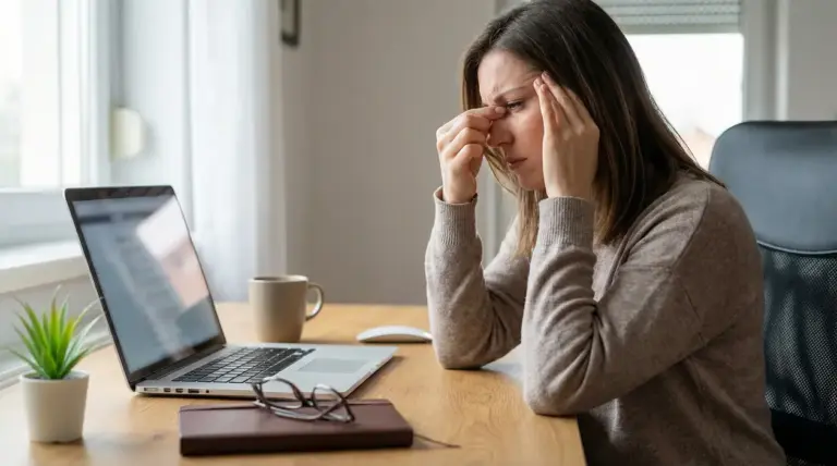 Donna seduta alla scrivania con laptop, si massaggia le tempie per mal di testa da PC