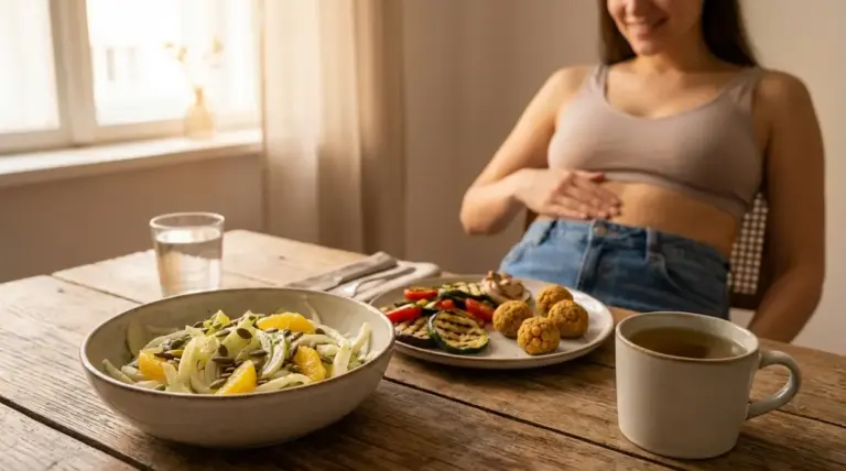 Donna a tavola con cena leggera a base di insalata, verdure e tisana per favorire una pancia piatta al mattino