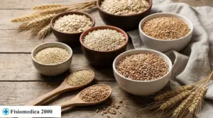 Ciotole con cereali e semi integrali su tavolo di legno, con spighe e cucchiai in legno