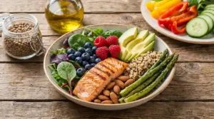 Piatto con salmone, avocado, quinoa, asparagi, frutti di bosco e verdure, ideale per dieta a basso indice glicemico