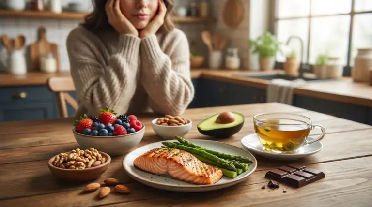Donna seduta a tavola con salmone, asparagi, frutti di bosco, avocado, frutta secca, cioccolato fondente e tè