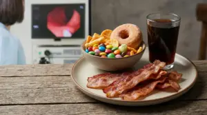 Bacon, patatine, ciambella, caramelle e bibita zuccherata su un piatto, con sfondo di un ambulatorio medico