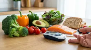 Alimenti sani per il diabete con glucometro: broccoli, avocado, salmone, insalata, pane integrale e pomodori
