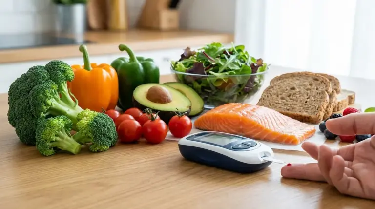 Alimenti sani per il diabete con glucometro: broccoli, avocado, salmone, insalata, pane integrale e pomodori