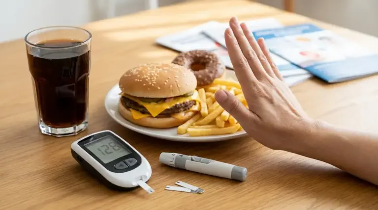 Mano che rifiuta hamburger, patatine e bibita accanto a un glucometro su un tavolo