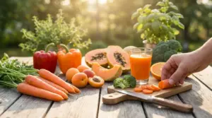 Carote, peperoni, papaya e succo d’arancia su un tavolo all’aperto per favorire un’abbronzatura naturale