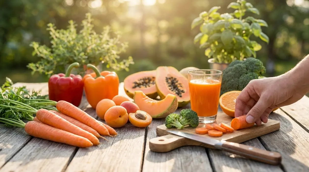 Carote, peperoni, papaya e succo d’arancia su un tavolo all’aperto per favorire un’abbronzatura naturale