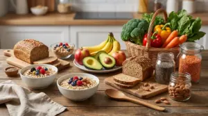 Alimenti ricchi di fibre su un tavolo: pane integrale, avena con frutti di bosco, frutta, verdure e legumi