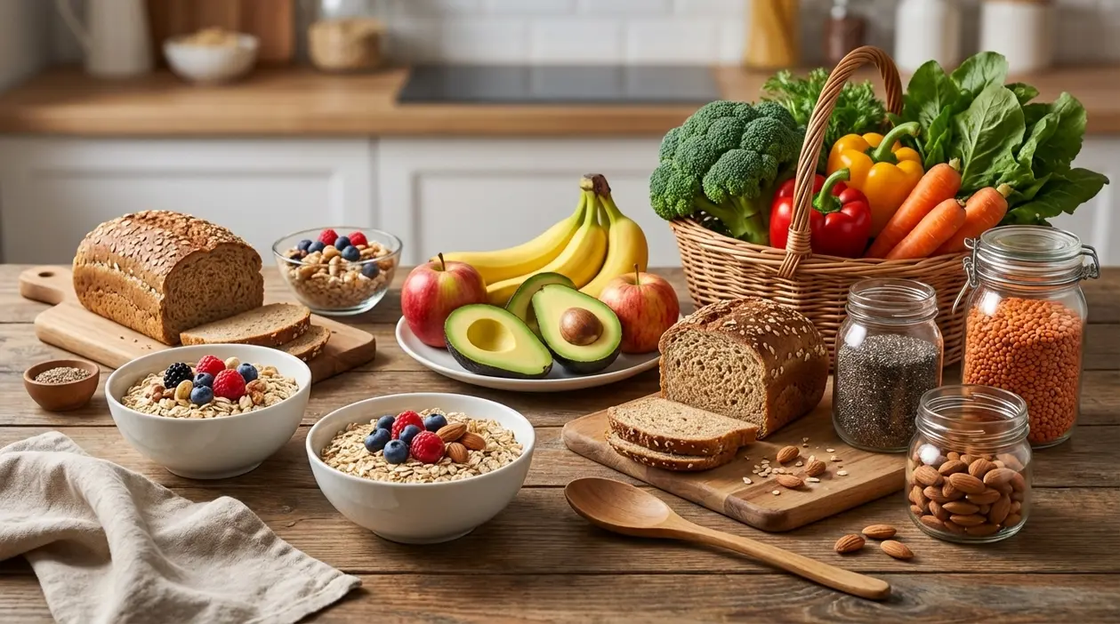 Alimenti ricchi di fibre su un tavolo: pane integrale, avena con frutti di bosco, frutta, verdure e legumi