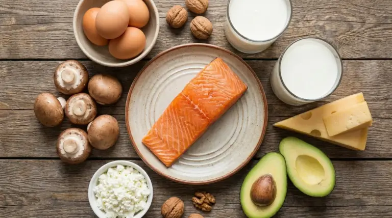 Alimenti ricchi di vitamina D: salmone, uova, latte, funghi e formaggio su tavolo di legno