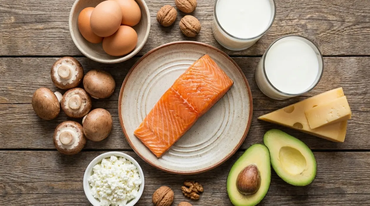 Alimenti ricchi di vitamina D: salmone, uova, latte, funghi e formaggio su tavolo di legno
