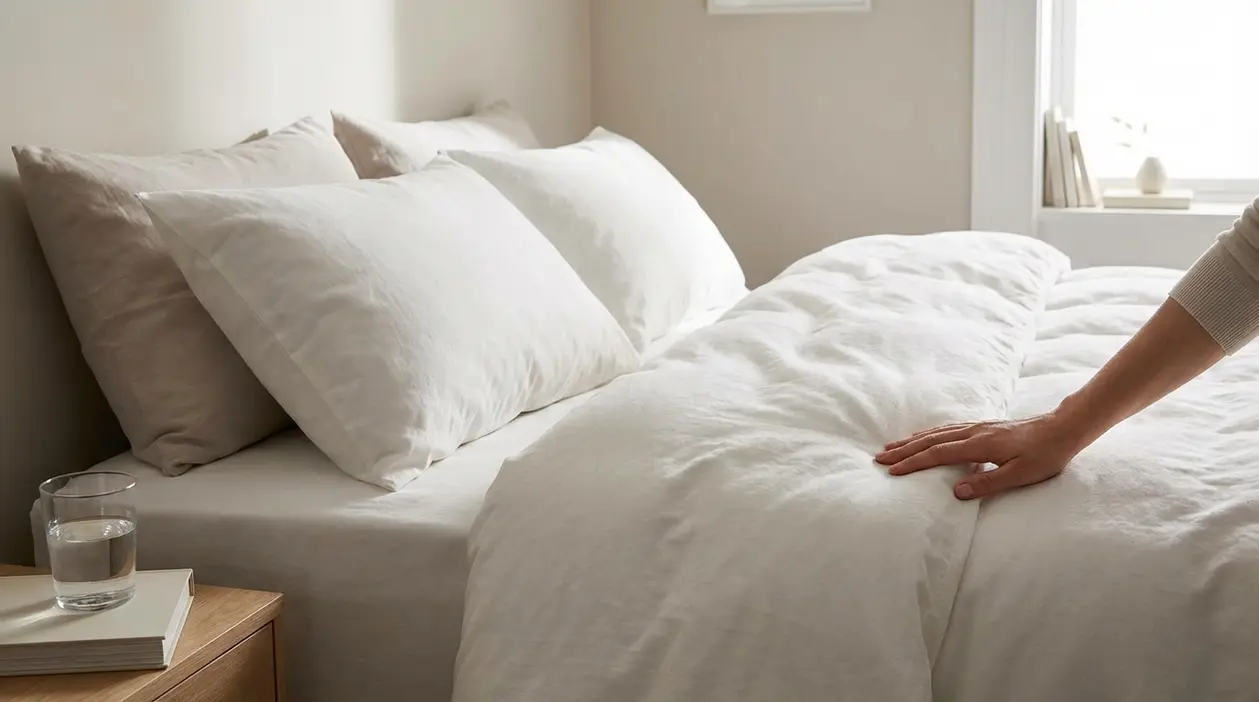 Letto disfatto con cuscini bianchi e una mano appoggiata sul piumone, simbolo della clinomania