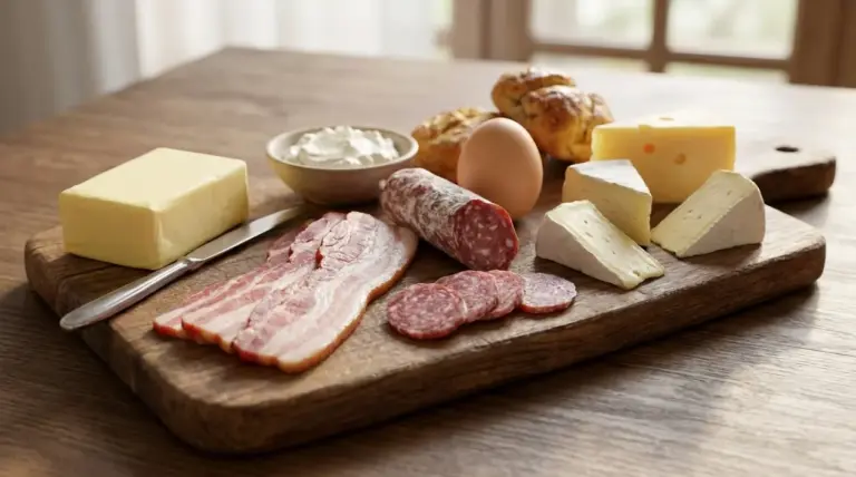 Tagliere con burro, bacon, salame, formaggi, uovo e pane, esempio di colazione ricca di grassi saturi