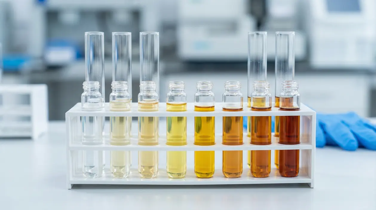 Provetta con campioni di urina di diversi colori in un supporto da laboratorio, da trasparente ad ambra scuro