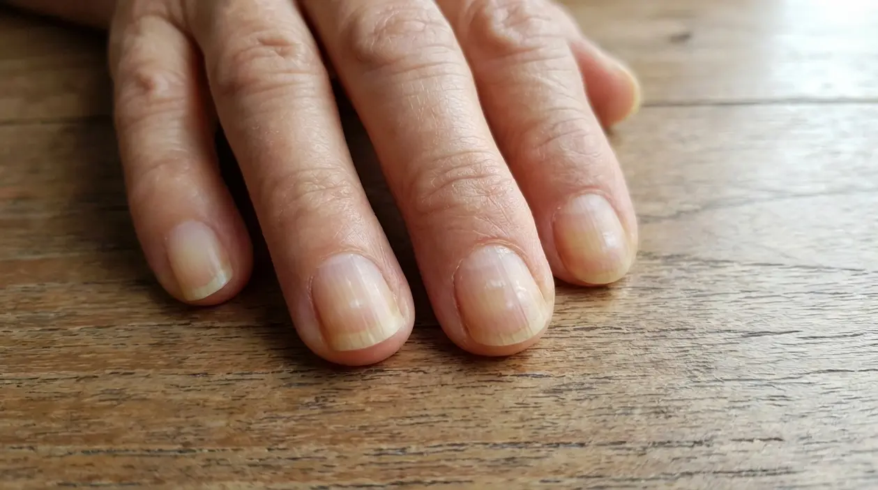 Primo piano di una mano appoggiata su un tavolo, con unghie leggermente ingiallite