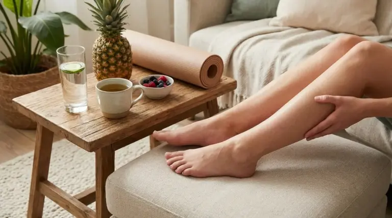 Persona seduta sul divano che massaggia le gambe, con acqua, frutta e tappetino yoga per contrastare la ritenzione idrica
