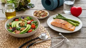 Insalata con avocado e noci, salmone con asparagi e olio d'oliva per abbassare il colesterolo