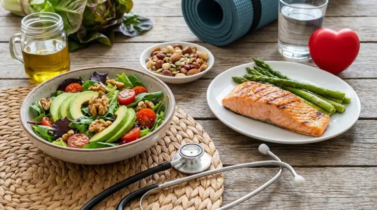 Insalata con avocado e noci, salmone con asparagi e olio d'oliva per abbassare il colesterolo
