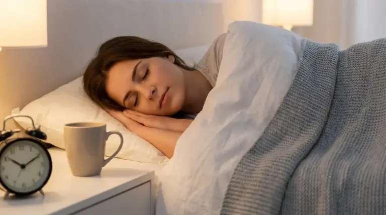 Persona che dorme serenamente a letto, con sveglia e tazza sul comodino illuminato da una lampada