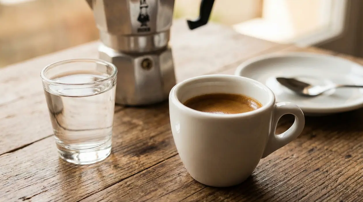 Tazzina di espresso con bicchiere d’acqua accanto, sul tavolo, con moka sullo sfondo