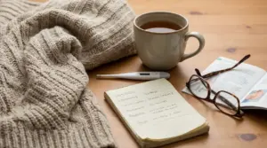 Tazza di tisana, termometro e quaderno su un tavolo, accanto a una coperta di lana e occhiali