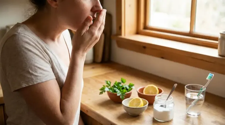 Persona che controlla l’alito in cucina accanto a limone, prezzemolo e bicchiere d’acqua
