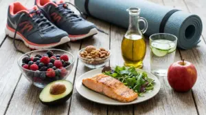 Alimenti sani e accessori sportivi per ridurre il colesterolo cattivo: salmone, frutti di bosco, avocado e frutta secca