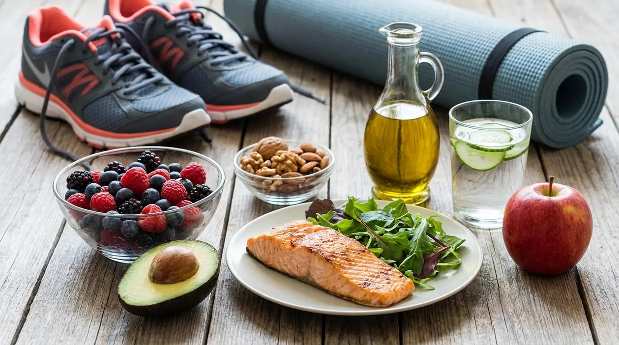 Alimenti sani e accessori sportivi per ridurre il colesterolo cattivo: salmone, frutti di bosco, avocado e frutta secca