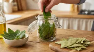Mano che ripone foglie di alloro in un barattolo di vetro su un tavolo da cucina