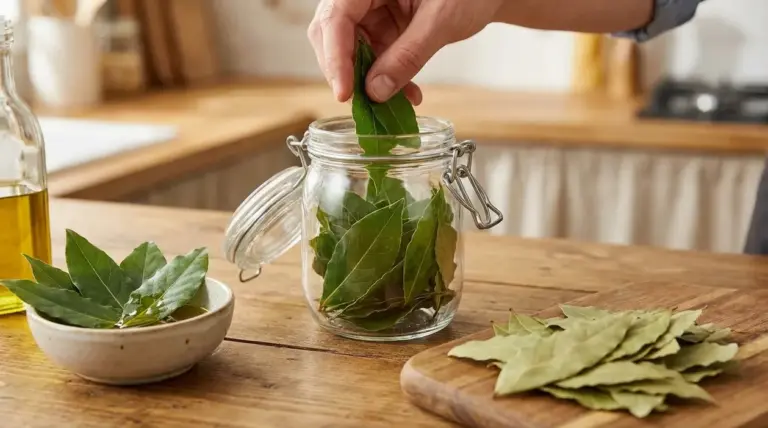 Mano che ripone foglie di alloro in un barattolo di vetro su un tavolo da cucina