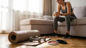 Persona in abbigliamento sportivo seduta sul divano con tappetino, manubri ed elastici per allenamento a casa