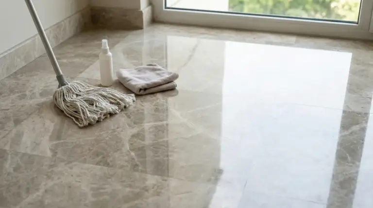 Pavimento in marmo lucido con mop, panno e spray per la pulizia accanto a una finestra