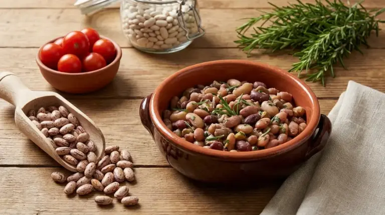 Ciotola di fagioli misti con rosmarino su tavolo in legno, accanto a pomodorini e fagioli secchi