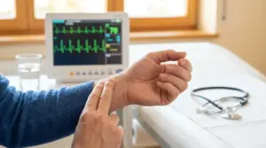 Persona che controlla il polso al polso in ambulatorio, con monitor cardiaco sullo sfondo