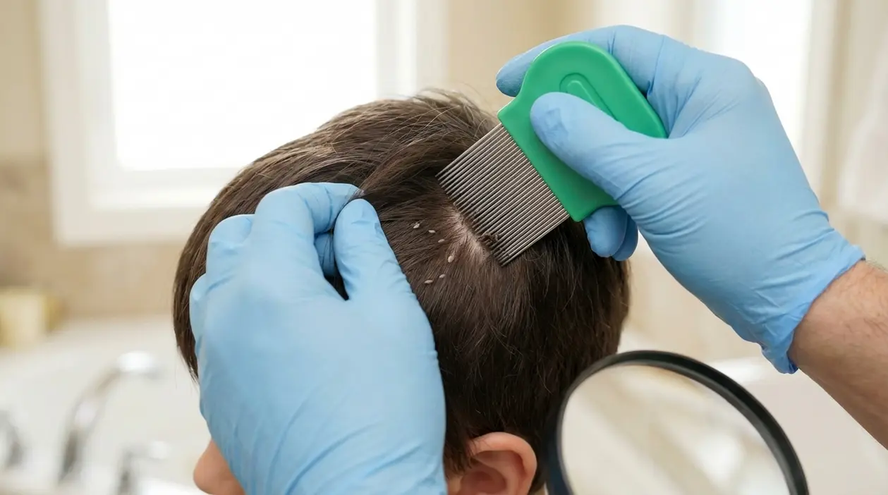Controllo dei pidocchi su un bambino con pettine a denti fitti e guanti, con lendini visibili tra i capelli