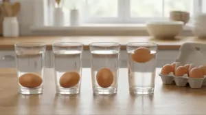 Uova immerse in bicchieri d'acqua per testarne la freschezza