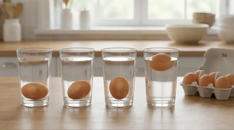 Uova immerse in bicchieri d'acqua per testarne la freschezza