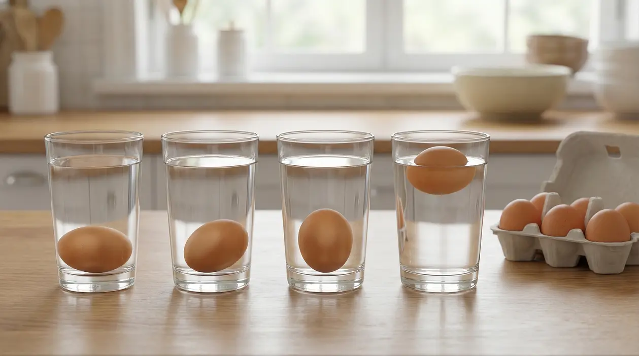 Uova immerse in bicchieri d'acqua per testarne la freschezza