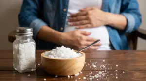 Sale grosso in tavola e persona con mani sull’addome, simbolo di gonfiore addominale