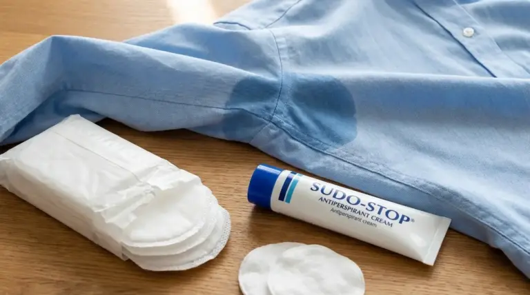 Camicia azzurra con alone di sudore sotto l’ascella, con prodotti antitraspiranti e dischetti assorbenti