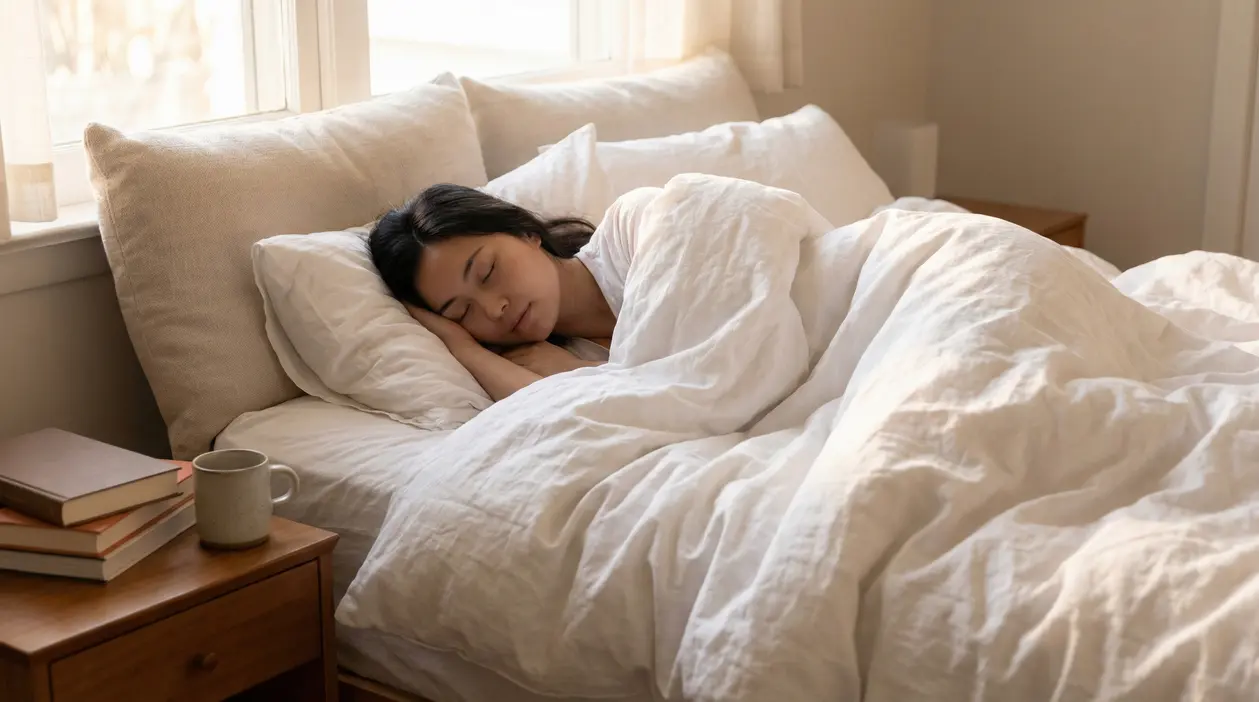 Persona che dorme serenamente in un letto con lenzuola bianche, vicino a un comodino con libri e tazza